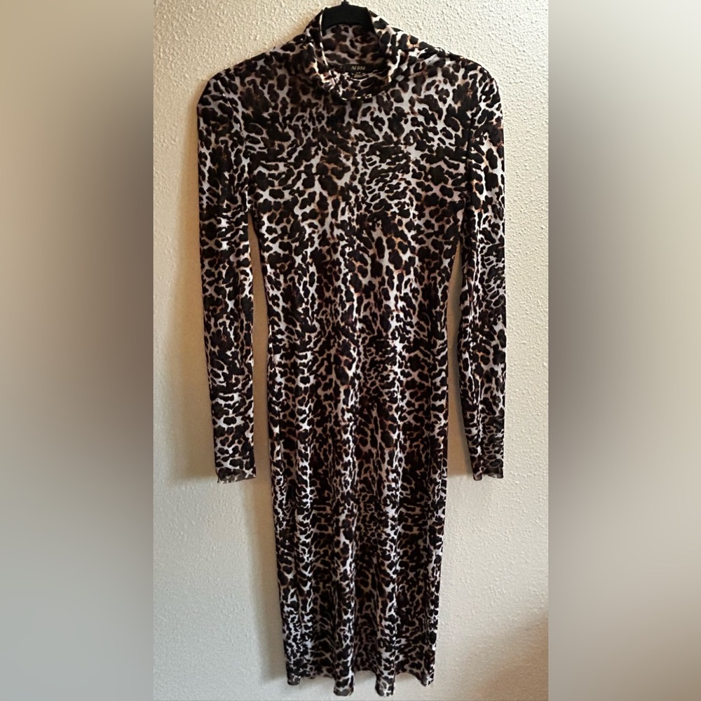 AFRM Long Sleeve Leopard Print Midi Dress in Brown and Black